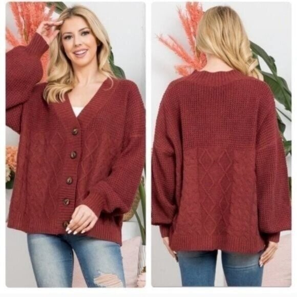 BUTTON UP CARDIGAN/SWEATER- BURGUNDY-NEW - Picture 1 of 4